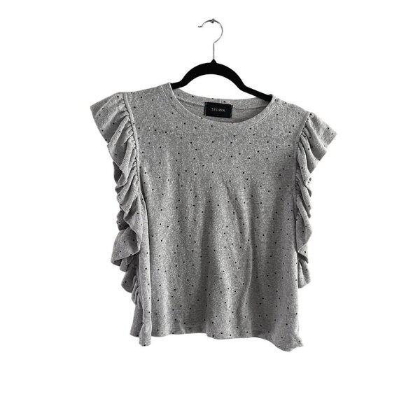 Storia Women Size L Gray Black Star Print Crew Neck Ruffle Short Sleeve Top - Picture 1 of 7